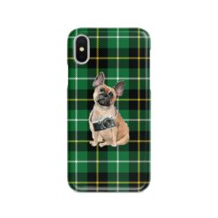 French Bulldog Tartan phone case. 11 Tartan styles for your Iphone 15 Pro Max, Iphone 14, 13, 12 to 6 & Samsung Galaxy S23 Ultra, S22, S21 to S6 23 adventure dogs tartan case french bulldog green tartan front view