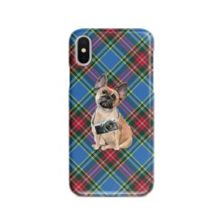 French Bulldog Tartan phone case. 11 Tartan styles for your Iphone 15 Pro Max, Iphone 14, 13, 12 to 6 & Samsung Galaxy S23 Ultra, S22, S21 to S6 24 adventure dogs tartan case french bulldog macbeth front view