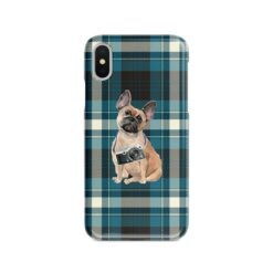 French Bulldog Tartan phone case. 11 Tartan styles for your Iphone 15 Pro Max, Iphone 14, 13, 12 to 6 & Samsung Galaxy S23 Ultra, S22, S21 to S6 25 adventure dogs tartan case french bulldog modern front view