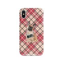 French Bulldog Tartan phone case. 11 Tartan styles for your Iphone 15 Pro Max, Iphone 14, 13, 12 to 6 & Samsung Galaxy S23 Ultra, S22, S21 to S6 26 adventure dogs tartan case french bulldog pink front view