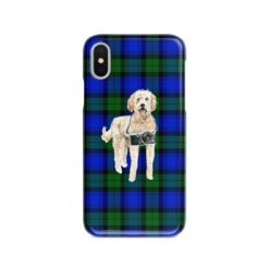 Golden Doodle Tartan phone case. 11 Tartan styles for your Iphone 15 Pro Max, Iphone 14, 13, 12 to 6 & Samsung Galaxy S23 Ultra, S22, S21 to S6 17 adventure dogs tartan case golden doodle black watch front view