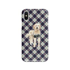 Golden Doodle Tartan phone case. 11 Tartan styles for your Iphone 15 Pro Max, Iphone 14, 13, 12 to 6 & Samsung Galaxy S23 Ultra, S22, S21 to S6 18 adventure dogs tartan case golden doodle blue beige front view