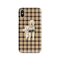 Golden Doodle Tartan phone case. 11 Tartan styles for your Iphone 15 Pro Max, Iphone 14, 13, 12 to 6 & Samsung Galaxy S23 Ultra, S22, S21 to S6 19 adventure dogs tartan case golden doodle brown tartan front view