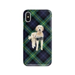Golden Doodle Tartan phone case. 11 Tartan styles for your Iphone 15 Pro Max, Iphone 14, 13, 12 to 6 & Samsung Galaxy S23 Ultra, S22, S21 to S6 21 adventure dogs tartan case golden doodle gordon front view