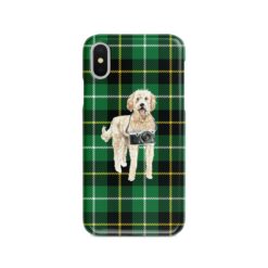 Golden Doodle Tartan phone case. 11 Tartan styles for your Iphone 15 Pro Max, Iphone 14, 13, 12 to 6 & Samsung Galaxy S23 Ultra, S22, S21 to S6 22 adventure dogs tartan case golden doodle green tartan front view
