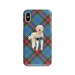 Golden Doodle Tartan phone case. 11 Tartan styles for your Iphone 15 Pro Max, Iphone 14, 13, 12 to 6 & Samsung Galaxy S23 Ultra, S22, S21 to S6 23 adventure dogs tartan case golden doodle macbeth front view