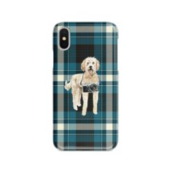 Golden Doodle Tartan phone case. 11 Tartan styles for your Iphone 15 Pro Max, Iphone 14, 13, 12 to 6 & Samsung Galaxy S23 Ultra, S22, S21 to S6 24 adventure dogs tartan case golden doodle modern front view