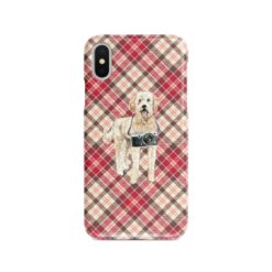 Golden Doodle Tartan phone case. 11 Tartan styles for your Iphone 15 Pro Max, Iphone 14, 13, 12 to 6 & Samsung Galaxy S23 Ultra, S22, S21 to S6 25 adventure dogs tartan case golden doodle pink front view
