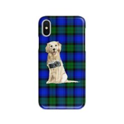 Golden Retriever Tartan phone case. 11 Tartan styles for your Iphone 15 Pro Max, Iphone 14, 13, 12 to 6 & Samsung Galaxy S23 Ultra, S22, S21 to S6 17 adventure dogs tartan case golden retriever black watch front view