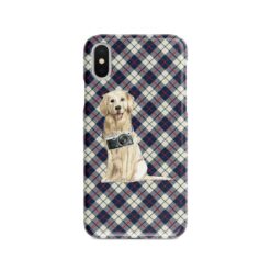 Golden Retriever Tartan phone case. 11 Tartan styles for your Iphone 15 Pro Max, Iphone 14, 13, 12 to 6 & Samsung Galaxy S23 Ultra, S22, S21 to S6 18 adventure dogs tartan case golden retriever blue beige front view