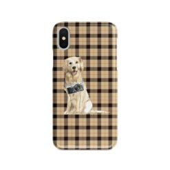 Golden Retriever Tartan phone case. 11 Tartan styles for your Iphone 15 Pro Max, Iphone 14, 13, 12 to 6 & Samsung Galaxy S23 Ultra, S22, S21 to S6 19 adventure dogs tartan case golden retriever brown tartan front view