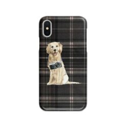 Golden Retriever Tartan phone case. 11 Tartan styles for your Iphone 15 Pro Max, Iphone 14, 13, 12 to 6 & Samsung Galaxy S23 Ultra, S22, S21 to S6 20 adventure dogs tartan case golden retriever dark tartan front view