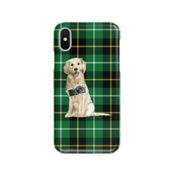 Golden Retriever Tartan phone case. 11 Tartan styles for your Iphone 15 Pro Max, Iphone 14, 13, 12 to 6 & Samsung Galaxy S23 Ultra, S22, S21 to S6 22 adventure dogs tartan case golden retriever green tartan front view