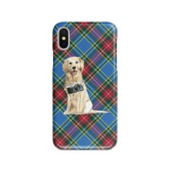 Golden Retriever Tartan phone case. 11 Tartan styles for your Iphone 15 Pro Max, Iphone 14, 13, 12 to 6 & Samsung Galaxy S23 Ultra, S22, S21 to S6 23 adventure dogs tartan case golden retriever macbeth front view