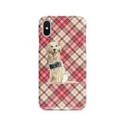 Golden Retriever Tartan phone case. 11 Tartan styles for your Iphone 15 Pro Max, Iphone 14, 13, 12 to 6 & Samsung Galaxy S23 Ultra, S22, S21 to S6 25 adventure dogs tartan case golden retriever pink front view