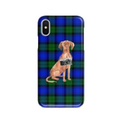 Hungarian Vizsla Tartan phone case. 11 Tartan styles for your Iphone 15 Pro Max, Iphone 14, 13, 12 to 6 & Samsung Galaxy S23 Ultra, S22, S21 to S6 17 adventure dogs tartan case hungarian vizsla black watch front view