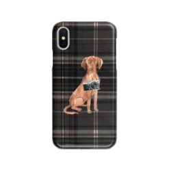 Hungarian Vizsla Tartan phone case. 11 Tartan styles for your Iphone 15 Pro Max, Iphone 14, 13, 12 to 6 & Samsung Galaxy S23 Ultra, S22, S21 to S6 20 adventure dogs tartan case hungarian vizsla dark tartan front view