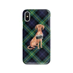 Hungarian Vizsla Tartan phone case. 11 Tartan styles for your Iphone 15 Pro Max, Iphone 14, 13, 12 to 6 & Samsung Galaxy S23 Ultra, S22, S21 to S6 21 adventure dogs tartan case hungarian vizsla gordon front view
