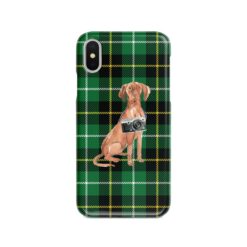 Hungarian Vizsla Tartan phone case. 11 Tartan styles for your Iphone 15 Pro Max, Iphone 14, 13, 12 to 6 & Samsung Galaxy S23 Ultra, S22, S21 to S6 22 adventure dogs tartan case hungarian vizsla green tartan front view