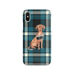 Hungarian Vizsla Tartan phone case. 11 Tartan styles for your Iphone 15 Pro Max, Iphone 14, 13, 12 to 6 & Samsung Galaxy S23 Ultra, S22, S21 to S6 24 adventure dogs tartan case hungarian vizsla modern front view