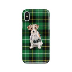 Jack Russell Tartan phone case. 11 Tartan styles for your Iphone 15 Pro Max, Iphone 14, 13, 12 to 6 & Samsung Galaxy S23 Ultra, S22, S21 to S6 22 adventure dogs tartan case jack russel green tartan front view