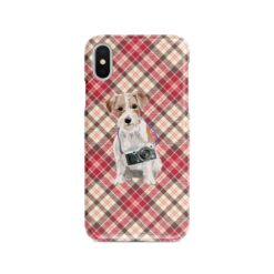 Jack Russell Tartan phone case. 11 Tartan styles for your Iphone 15 Pro Max, Iphone 14, 13, 12 to 6 & Samsung Galaxy S23 Ultra, S22, S21 to S6 25 adventure dogs tartan case jack russel pink front view