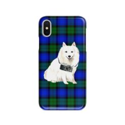 Japanese Spitz Tartan phone case. 11 Tartan styles for your Iphone 15 Pro Max, Iphone 14, 13, 12 to 6 & Samsung Galaxy S23 Ultra, S22, S21 to S6 17 adventure dogs tartan case japanese spitz black watch front view