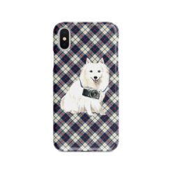 Japanese Spitz Tartan phone case. 11 Tartan styles for your Iphone 15 Pro Max, Iphone 14, 13, 12 to 6 & Samsung Galaxy S23 Ultra, S22, S21 to S6 18 adventure dogs tartan case japanese spitz blue beige front view