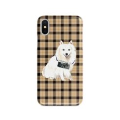 Japanese Spitz Tartan phone case. 11 Tartan styles for your Iphone 15 Pro Max, Iphone 14, 13, 12 to 6 & Samsung Galaxy S23 Ultra, S22, S21 to S6 19 adventure dogs tartan case japanese spitz brown tartan front view