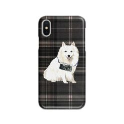 Japanese Spitz Tartan phone case. 11 Tartan styles for your Iphone 15 Pro Max, Iphone 14, 13, 12 to 6 & Samsung Galaxy S23 Ultra, S22, S21 to S6 20 adventure dogs tartan case japanese spitz dark tartan front view