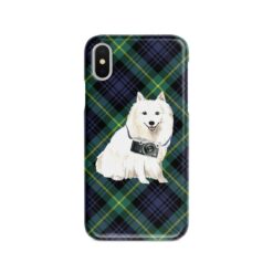 Japanese Spitz Tartan phone case. 11 Tartan styles for your Iphone 15 Pro Max, Iphone 14, 13, 12 to 6 & Samsung Galaxy S23 Ultra, S22, S21 to S6 21 adventure dogs tartan case japanese spitz gordon front view