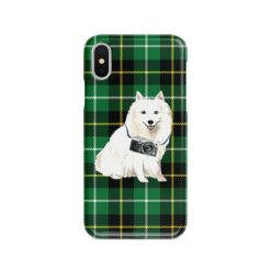 Japanese Spitz Tartan phone case. 11 Tartan styles for your Iphone 15 Pro Max, Iphone 14, 13, 12 to 6 & Samsung Galaxy S23 Ultra, S22, S21 to S6 22 adventure dogs tartan case japanese spitz green tartan front view