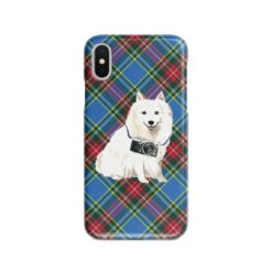 Japanese Spitz Tartan phone case. 11 Tartan styles for your Iphone 15 Pro Max, Iphone 14, 13, 12 to 6 & Samsung Galaxy S23 Ultra, S22, S21 to S6 23 adventure dogs tartan case japanese spitz macbeth front view