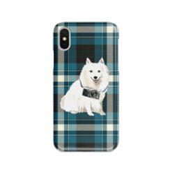 Japanese Spitz Tartan phone case. 11 Tartan styles for your Iphone 15 Pro Max, Iphone 14, 13, 12 to 6 & Samsung Galaxy S23 Ultra, S22, S21 to S6 24 adventure dogs tartan case japanese spitz modern front view