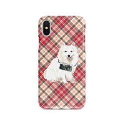 Japanese Spitz Tartan phone case. 11 Tartan styles for your Iphone 15 Pro Max, Iphone 14, 13, 12 to 6 & Samsung Galaxy S23 Ultra, S22, S21 to S6 25 adventure dogs tartan case japanese spitz pink front view