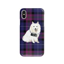 Japanese Spitz Tartan phone case. 11 Tartan styles for your Iphone 15 Pro Max, Iphone 14, 13, 12 to 6 & Samsung Galaxy S23 Ultra, S22, S21 to S6 26 adventure dogs tartan case japanese spitz pride of scotland front view
