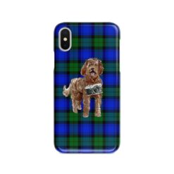 Labradoodle Tartan phone case. 11 Tartan styles for your Iphone 15 Pro Max, Iphone 14, 13, 12 to 6 & Samsung Galaxy S23 Ultra, S22, S21 to S6 17 adventure dogs tartan case labradoodle black watch front view