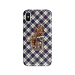 Labradoodle Tartan phone case. 11 Tartan styles for your Iphone 15 Pro Max, Iphone 14, 13, 12 to 6 & Samsung Galaxy S23 Ultra, S22, S21 to S6 18 adventure dogs tartan case labradoodle blue beige front view