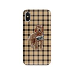 Labradoodle Tartan phone case. 11 Tartan styles for your Iphone 15 Pro Max, Iphone 14, 13, 12 to 6 & Samsung Galaxy S23 Ultra, S22, S21 to S6 19 adventure dogs tartan case labradoodle brown tartan front view