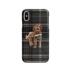 Labradoodle Tartan phone case. 11 Tartan styles for your Iphone 15 Pro Max, Iphone 14, 13, 12 to 6 & Samsung Galaxy S23 Ultra, S22, S21 to S6 20 adventure dogs tartan case labradoodle dark tartan front view