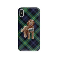 Labradoodle Tartan phone case. 11 Tartan styles for your Iphone 15 Pro Max, Iphone 14, 13, 12 to 6 & Samsung Galaxy S23 Ultra, S22, S21 to S6 21 adventure dogs tartan case labradoodle gordon front view