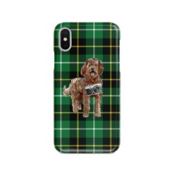 Labradoodle Tartan phone case. 11 Tartan styles for your Iphone 15 Pro Max, Iphone 14, 13, 12 to 6 & Samsung Galaxy S23 Ultra, S22, S21 to S6 22 adventure dogs tartan case labradoodle green tartan front view