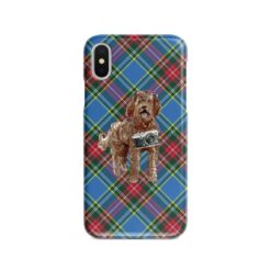 Labradoodle Tartan phone case. 11 Tartan styles for your Iphone 15 Pro Max, Iphone 14, 13, 12 to 6 & Samsung Galaxy S23 Ultra, S22, S21 to S6 23 adventure dogs tartan case labradoodle macbeth front view