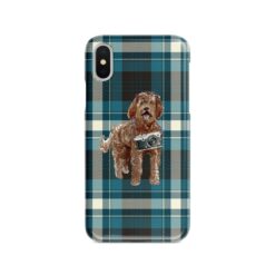 Labradoodle Tartan phone case. 11 Tartan styles for your Iphone 15 Pro Max, Iphone 14, 13, 12 to 6 & Samsung Galaxy S23 Ultra, S22, S21 to S6 24 adventure dogs tartan case labradoodle modern front view