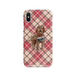Labradoodle Tartan phone case. 11 Tartan styles for your Iphone 15 Pro Max, Iphone 14, 13, 12 to 6 & Samsung Galaxy S23 Ultra, S22, S21 to S6 25 adventure dogs tartan case labradoodle pink front view