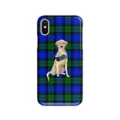 Labrador retriever Tartan phone case. 11 Tartan styles for your Iphone 15 Pro Max, Iphone 14, 13, 12 to 6 & Samsung Galaxy S23 Ultra, S22, S21 to S6 18 adventure dogs tartan case labrador retriever black watch front view