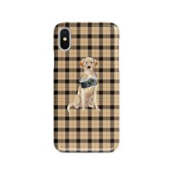 Labrador retriever Tartan phone case. 11 Tartan styles for your Iphone 15 Pro Max, Iphone 14, 13, 12 to 6 & Samsung Galaxy S23 Ultra, S22, S21 to S6 20 adventure dogs tartan case labrador retriever brown tartan front view