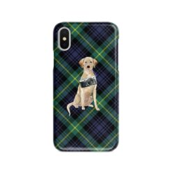 Labrador retriever Tartan phone case. 11 Tartan styles for your Iphone 15 Pro Max, Iphone 14, 13, 12 to 6 & Samsung Galaxy S23 Ultra, S22, S21 to S6 22 adventure dogs tartan case labrador retriever gordon front view
