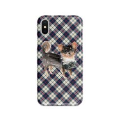 Long Haired Chihuahua Tartan phone case. 11 Tartan styles for your Iphone 15 Pro Max, Iphone 14, 13, 12 to 6 & Samsung Galaxy S23 Ultra, S22, S21 to S6 19 adventure dogs tartan case long haired chihuahua blue beige front view