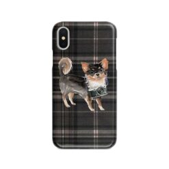 Long Haired Chihuahua Tartan phone case. 11 Tartan styles for your Iphone 15 Pro Max, Iphone 14, 13, 12 to 6 & Samsung Galaxy S23 Ultra, S22, S21 to S6 21 adventure dogs tartan case long haired chihuahua dark tartan front view
